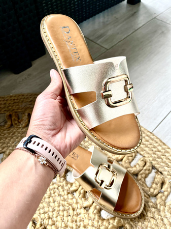 Damskie płaskie złote klapki