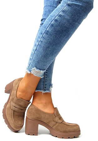 Damskie beżowe khaki zamszowe półbuty słupek Potocki