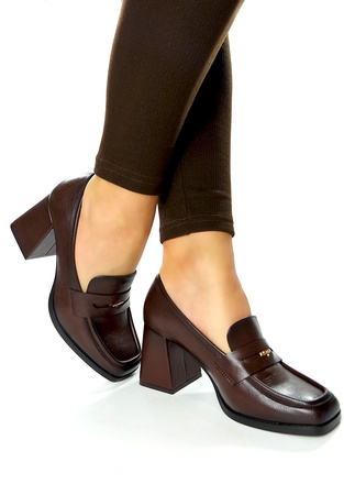 Damskie brązowe czekoladowe półbuty kwadratowe na słupku 12710 Potocki