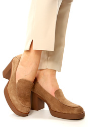 Damskie beżowe khaki zamsz półbuty wysoki słupek Potocki
