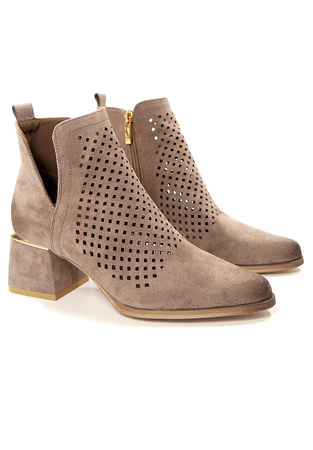 Damskie beżowe khaki ażurowe botki kowbojki na obcasie Potocki