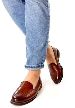 Damskie brązowe baleriny półbuty ażurowe na klocku Potocki