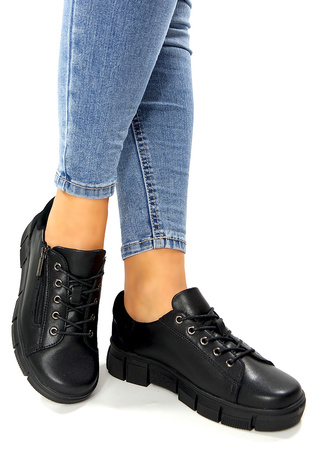 Damskie czarne sznurowane i zapinane półbuty ze skóry naturalnej