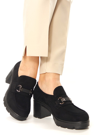 Damskie czarne zamsz półbuty wysoki słupek Potocki