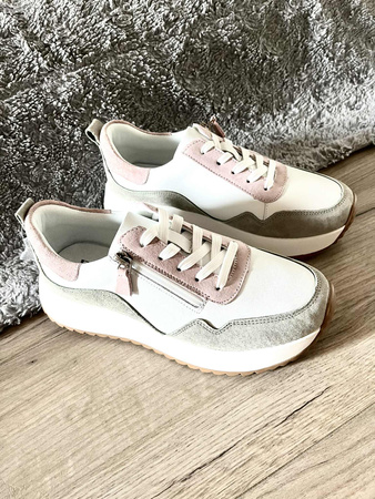 Damskie biało zielone sneakersy obuwie sportowe ze skóry naturalnej na wyższej platformie