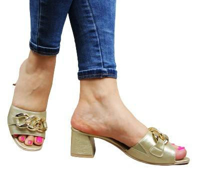 DAMSKIE ZŁOTE KLAPKI NA OBCASIE