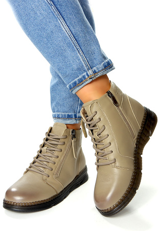 Damskie beżowe camel krótkie botki ze skóry naturalnej 