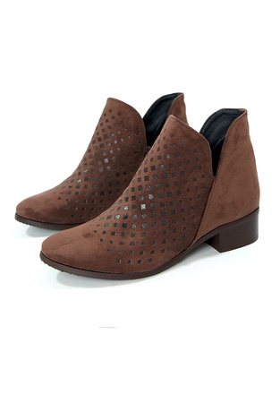 Damskie krótkie botki czekoladowe brązowe na suwak na niskiej podeszwie