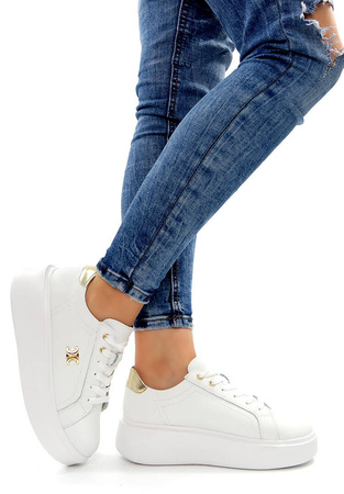 Damskie białe skórzane obuwie sportowe wysoka platforma Potocki