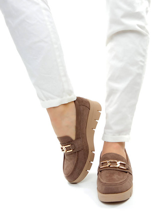 Damskie brązowe khaki czółenka na koturnie Potocki