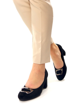 Damskie czarne zamszowe półbuty czółenka na słupku Potocki