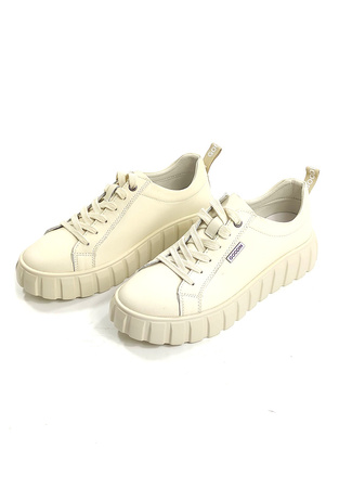 Damskie beżowe skórzane obuwie sportowe koturn