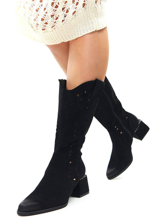 Damskie czarne ażurowe botki kowbojki kozaki Potocki