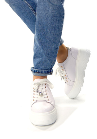 Damskie białe skórzane obuwie sportowe półbuty na wysokiej platformie