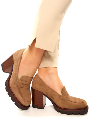 Damskie brązowe półbuty czółenka na szerokim wysokim słupkuPotocki