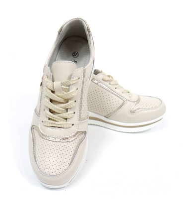 Damskie beżowe skórzane obuwie sportowe koturn