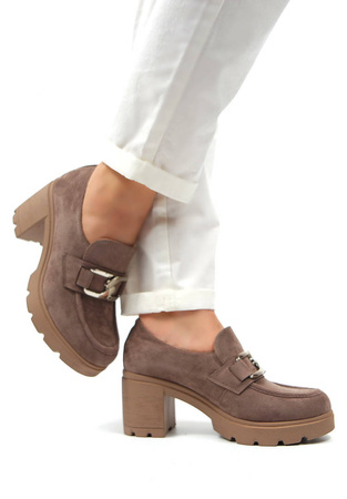 Damskie beżowe khaki zamszowe półbuty słupek Potocki