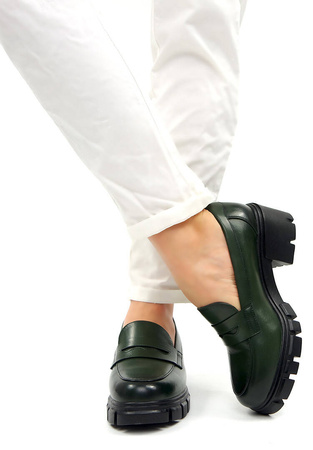 Damskie zielone szmaragdowe półbuty na klocku Potocki