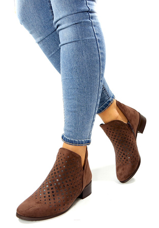 Damskie krótkie botki czekoladowe brązowe na suwak na niskiej podeszwie