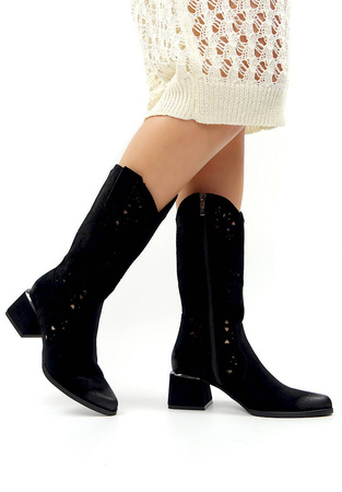 Damskie czarne ażurowe botki kowbojki kozaki Potocki