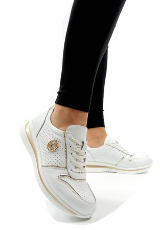 Damskie białe skórzane obuwie sportowe koturn