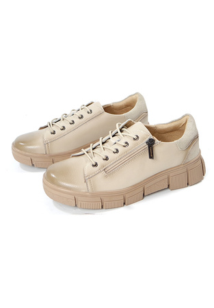 Damskie beżowe sznurowane i zapinane półbuty ze skóry naturalnej