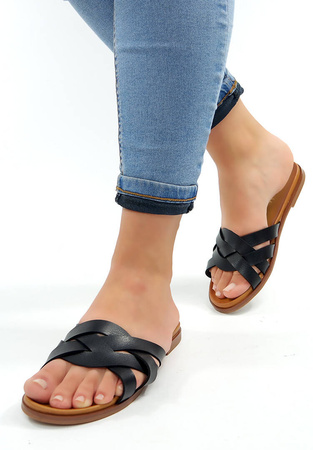 Damskie czarne płaskie klapki paski