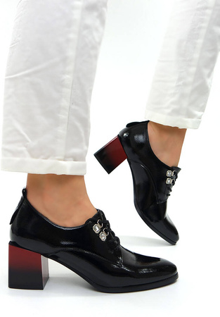 Damskie czarne półbuty klocek lakier wiązane Potocki