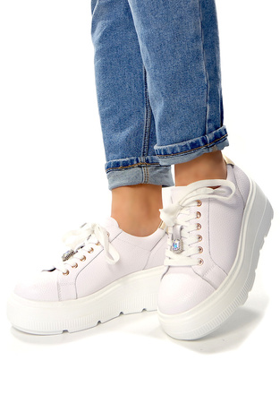 Damskie białe skórzane obuwie sportowe półbuty na wysokiej platformie