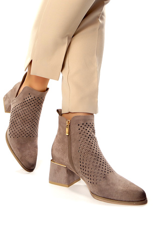 Damskie beżowe khaki ażurowe botki kowbojki na obcasie Potocki