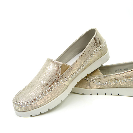 Damskie beżowe złote mokasyny półbuty skóra naturalna