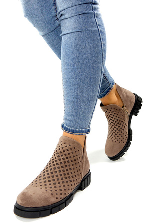 Damskie krótkie botki taupe ciemny beż na suwak