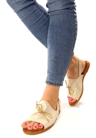 Damskie złote niskie sandały skóra naturalna