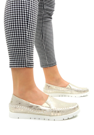 Damskie beżowe złote mokasyny półbuty skóra naturalna