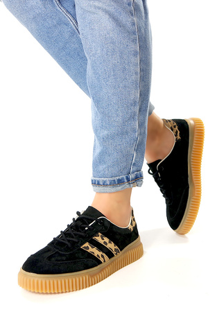 Damskie czarne lekkie skórzane obuwie sportowe półbuty z panterką