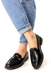 Damskie czarne mokasyny półbuty na klocku z frędzlami Potocki