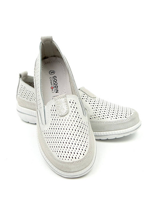 Damskie białe srebrne mokasyny półbuty skóra naturalna