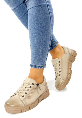 Damskie beżowe sznurowane i zapinane półbuty ze skóry naturalnej
