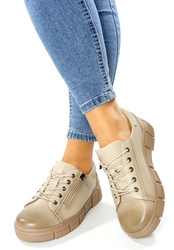 Damskie beżowe sznurowane i zapinane półbuty ze skóry naturalnej
