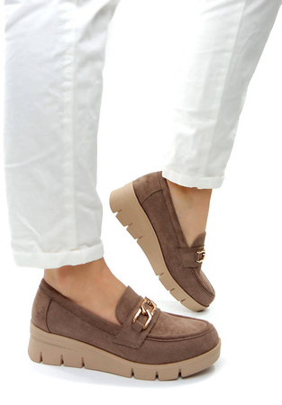 Damskie brązowe khaki czółenka na koturnie Potocki