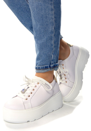 Damskie białe skórzane obuwie sportowe półbuty na wysokiej platformie