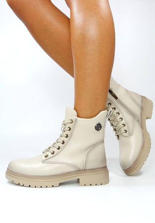 Damskie beżowe botki niski klocek zapinane Potocki