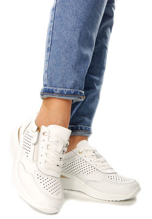 Damskie białe buty sportowe sneakersy skórzane koturn