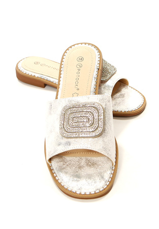 Damskie srebrne klapki płaskie Potocki