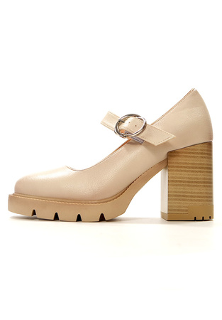 Damskie beżowe półbuty z paskiem wysoki słupek Potocki