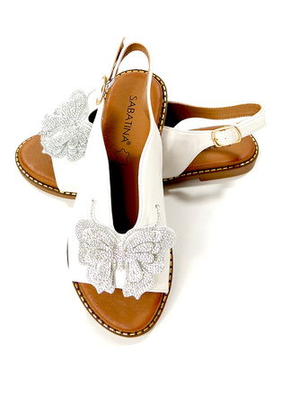 Damskie białe płaskie sandały z motylem wkładka skórzana