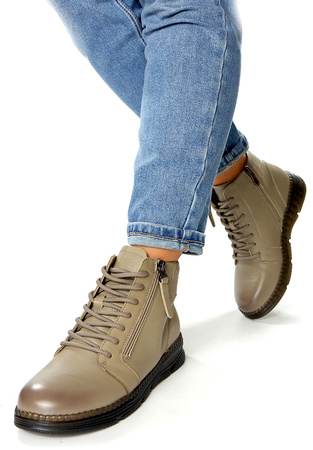 Damskie beżowe camel krótkie botki ze skóry naturalnej