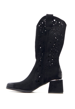 Damskie czarne ażurowe botki kowbojki kozaki Potocki
