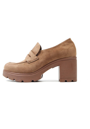 Damskie beżowe khaki zamszowe półbuty słupek Potocki
