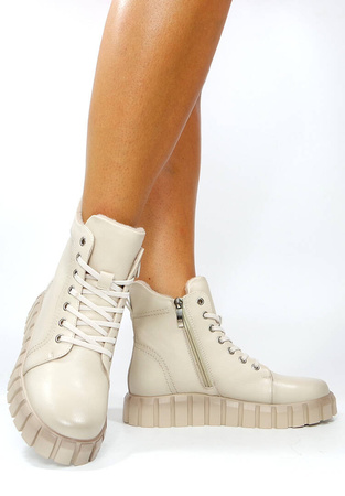 Damskie beżowe botki zapinane wiązane Potocki